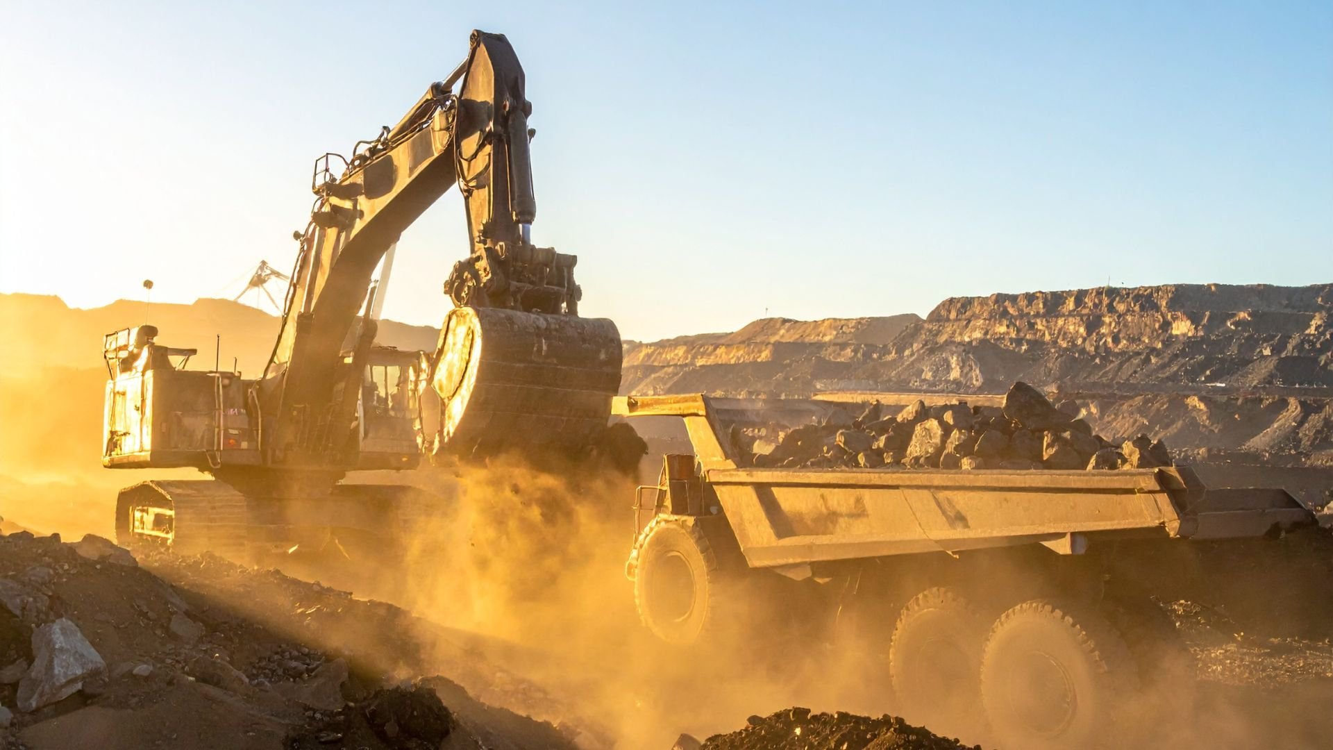 Large excavator and dump truck working in dusty open-pit mining site at sunset