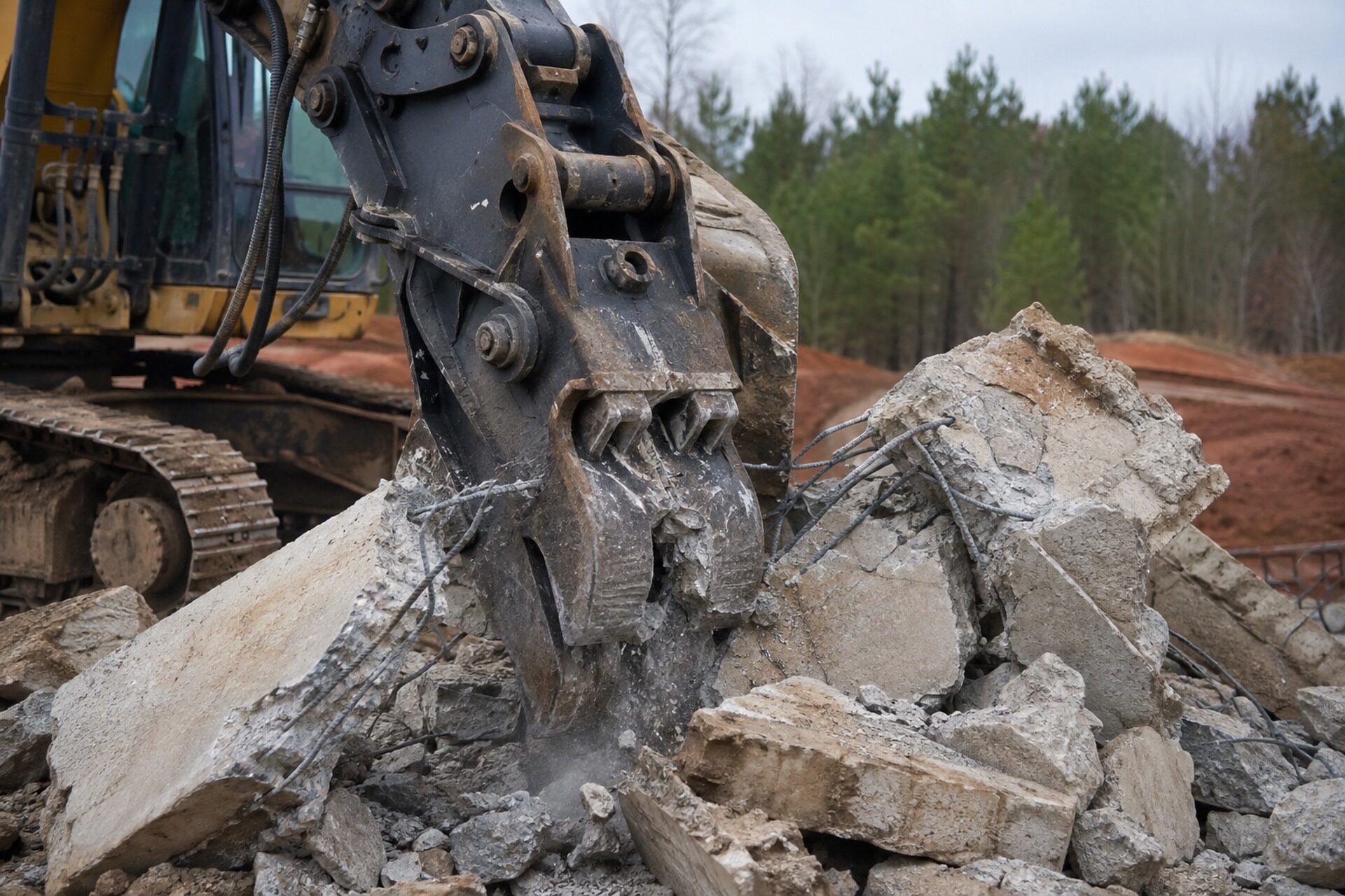 Tracked excavator claw crushing a concrete slab with exposed rebar at a demolition site