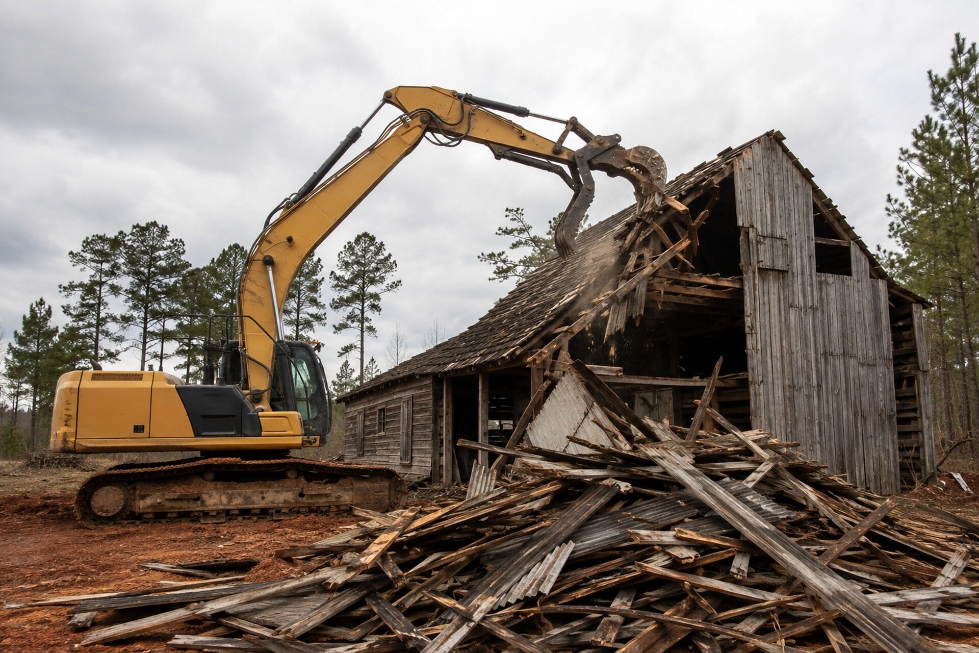 Excavator tearing down an old weathered wooden barn on a rural South Carolina property