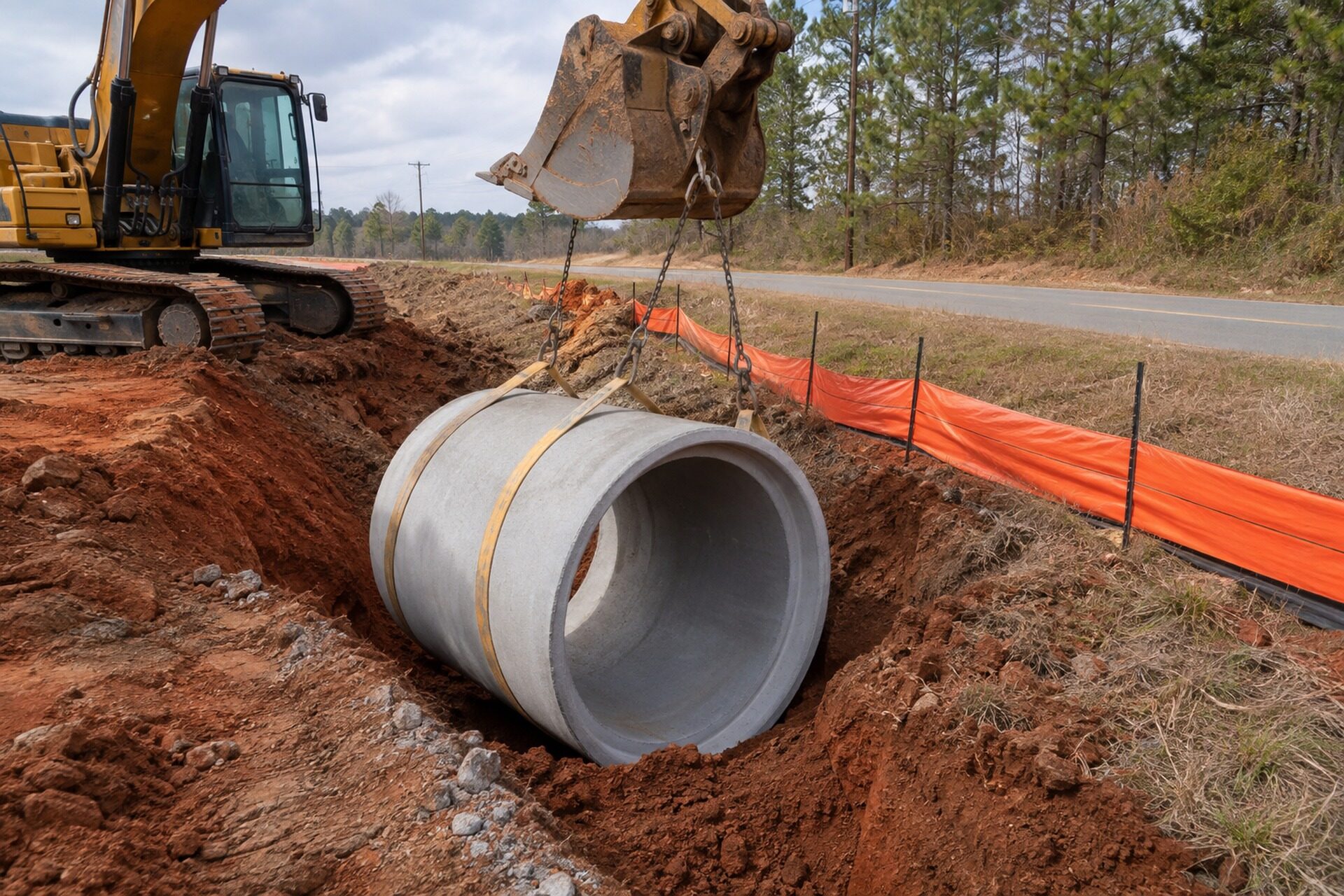 Large concrete culvert pipe being set into a roadside ditch with silt fence erosion control in place