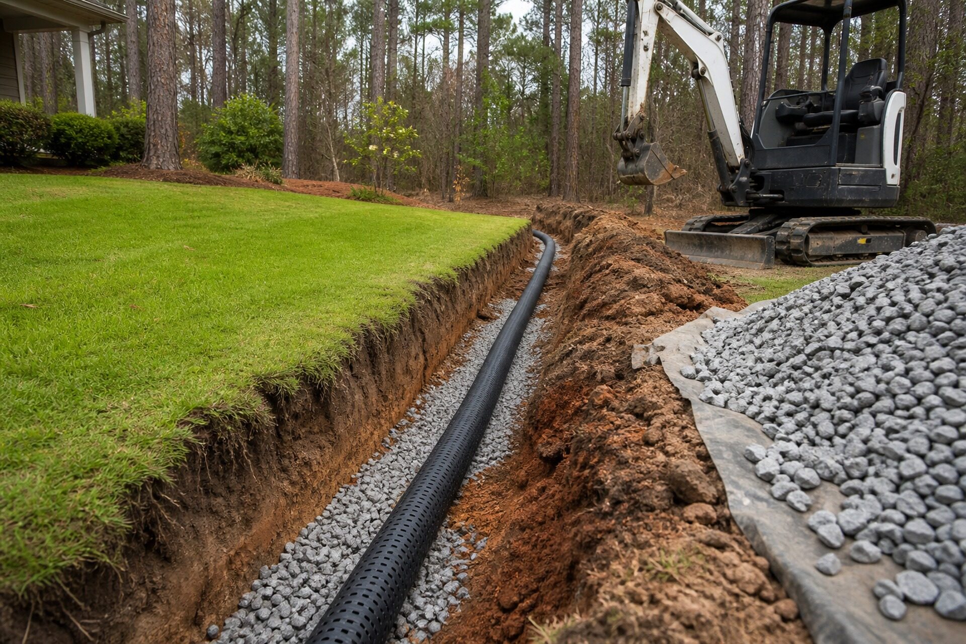 Open trench with perforated french drain pipe and gravel bedding beside a green lawn