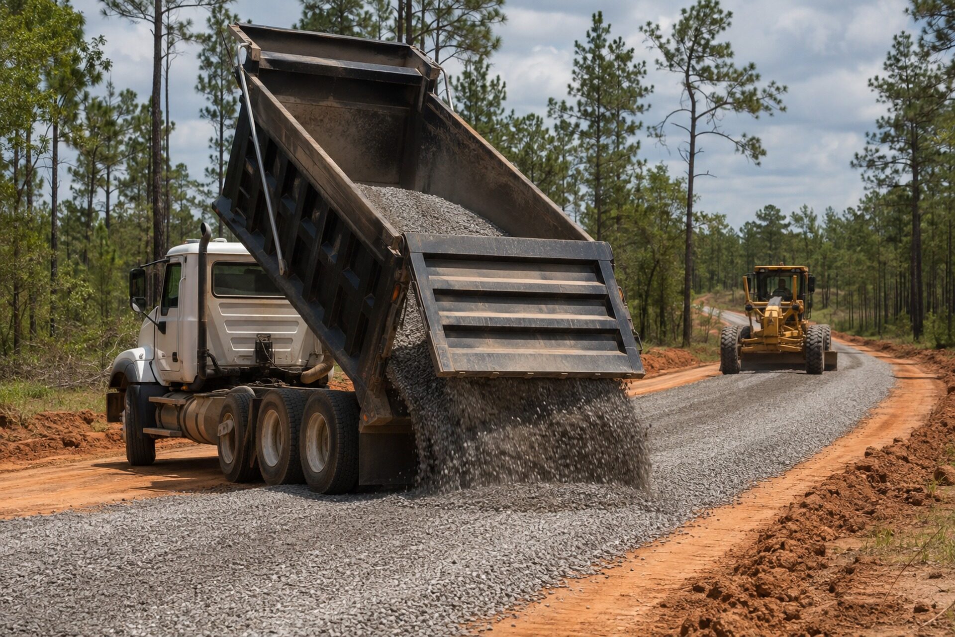 Dump truck spreading crushed stone on a new gravel road with a motor grader working behind it