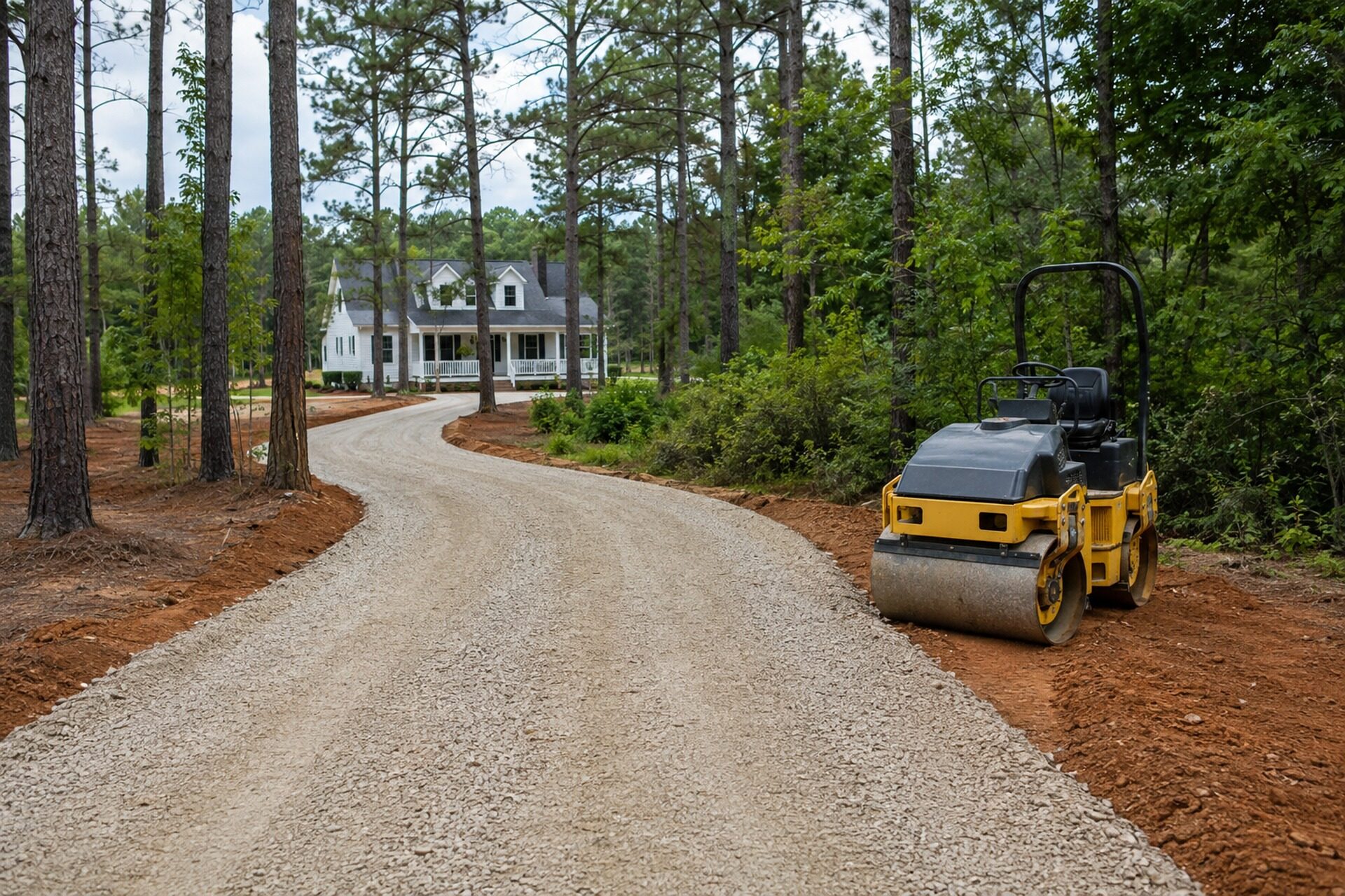 Freshly graded crushed gravel driveway curving through pine trees toward a rural farmhouse